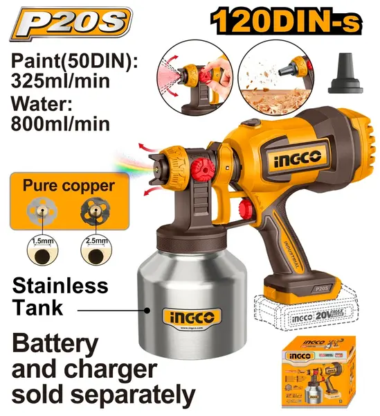 Pistol Vopsit Electric 20V 800ml/min Vascozitate 120DIN-s Rezervor Inox 800ml CSGLI20041 – pistol pulverizare reglabil pentru vopsea si lac