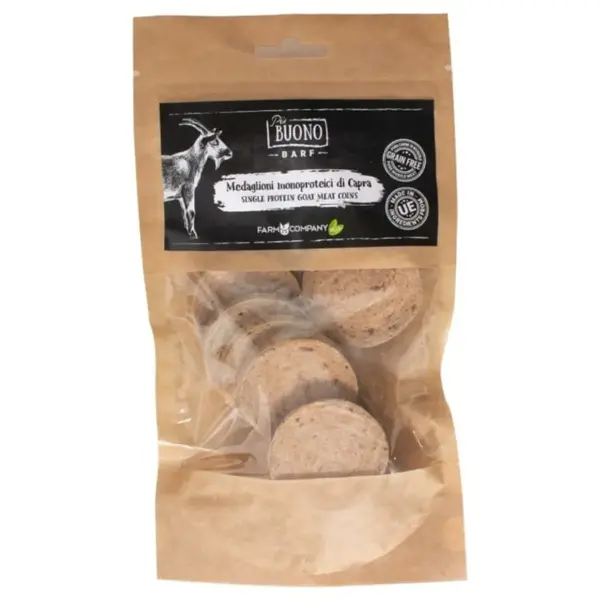 PIU BUONO Single Protein Meat Coins, XS-XL, Capră, punguță recompense monoproteice BARF câini, 80g