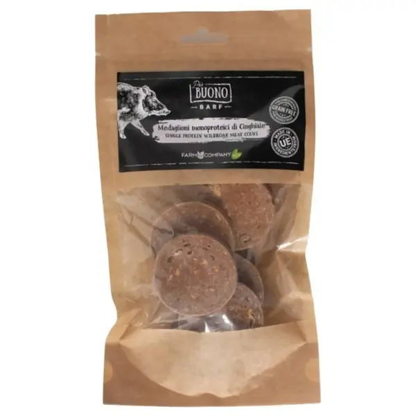 PIU BUONO Single Protein Meat Coins, XS-XL, Mistreț, punguță recompense monoproteice BARF câini, 80g