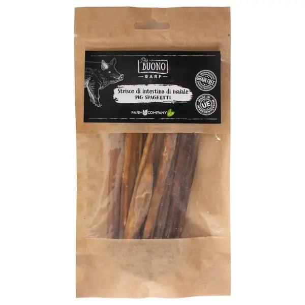 PIU BUONO Strips Intestine de Porc, XS-XL, punguță recompense câini, 50g