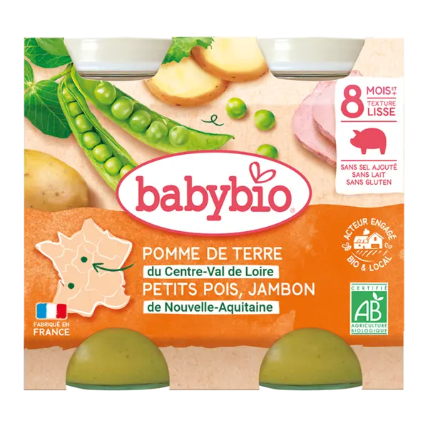 Piure bio din cartofi, mazare si jambon +8 luni, 2 x 200g, BabyBio
