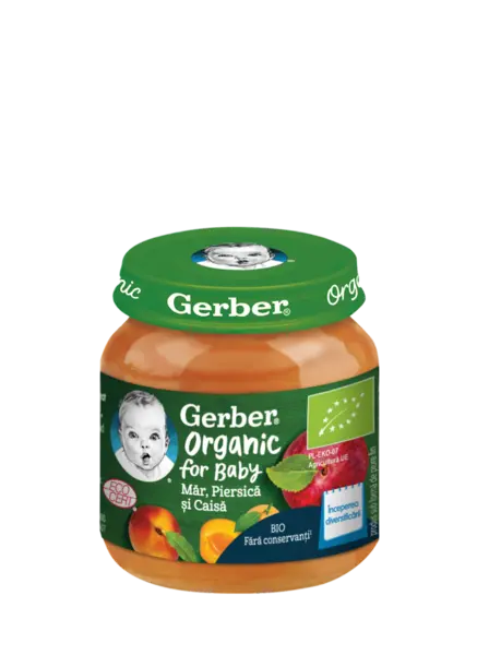 Piure Bio din mar cu piersica si caisa de la 4 luni, 125g, Gerber