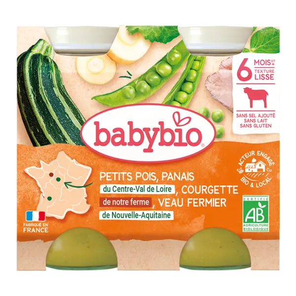 Piure bio din mazare, dovlecel si vitel +6 luni, 2 x 200g, BabyBio