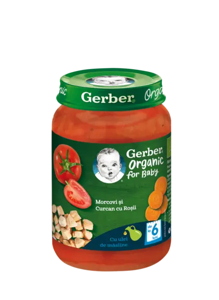 Piure Bio din morcovi cu rosii si curcan de la 6 luni, 190g, Gerber