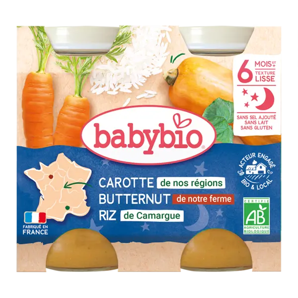 Piure de morcovi, dovleac si orez Bio, 2 x 200g, BabyBio