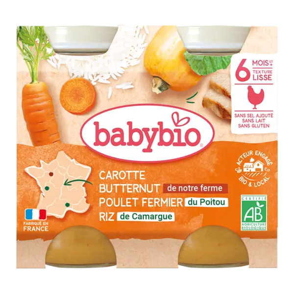 Piure de morcovi, pui si orez Bio, 2 x 200g, BabyBio