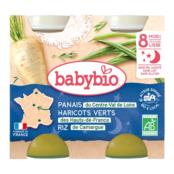 Piure de pastranac, fasole verde si orez Bio, 2 x 200g, BabyBio