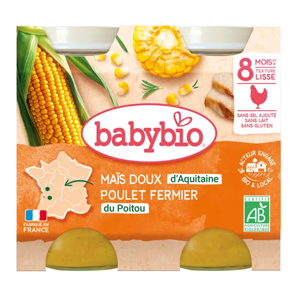 Piure de porumb dulce si pui Bio, 2 x 200g, BabyBio