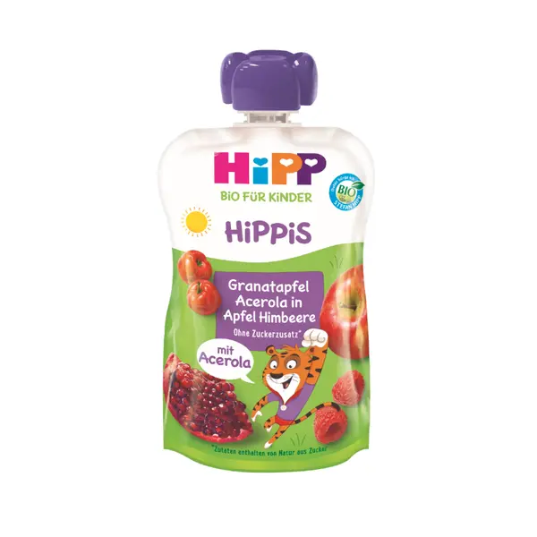 Piure din fructe cu rodie, acerola, mar si zmeura Hippis, 100g, Hipp