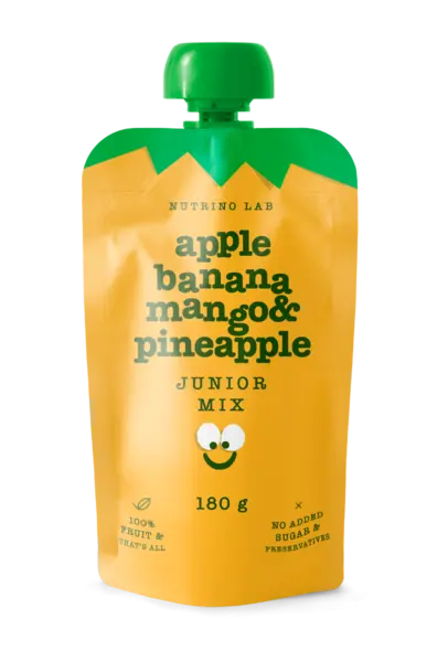 Piure pasteurizat din fructe cu mere banane mango si ananas Junior Mix, 180g, Nutrino Lab