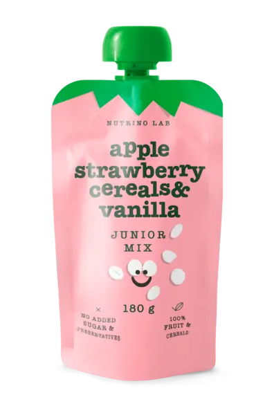Piure pasteurizat din fructe cu mere capsuni si adaos de cereale vanilie si vitamina C Junior Mix, 180g, Nutrino Lab