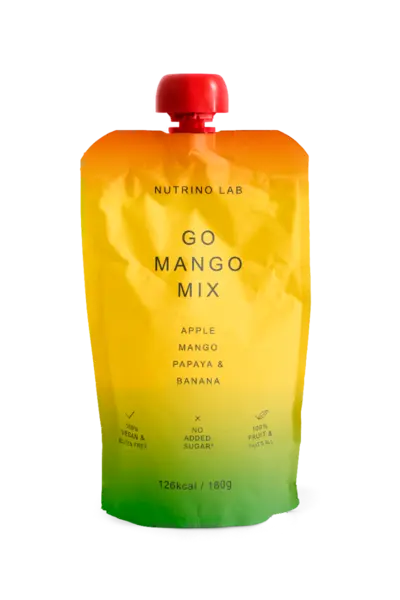 Piure pasteurizat din fructe cu mere mango papaya si banane, 180g, Nutrino Lab