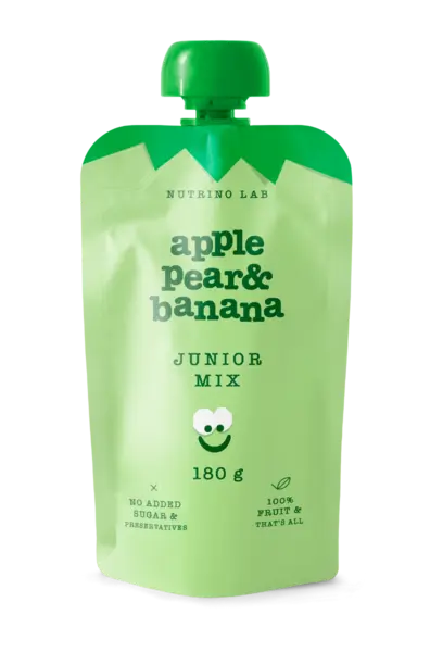 Piure pasteurizat din fructe cu mere pere si banane Junior Mix, 180g, Nutrino Lab