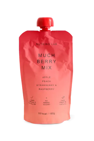 Piure pasteurizat din fructe cu mere piersici capsuni si zmeura, 180g, Nutrino Lab