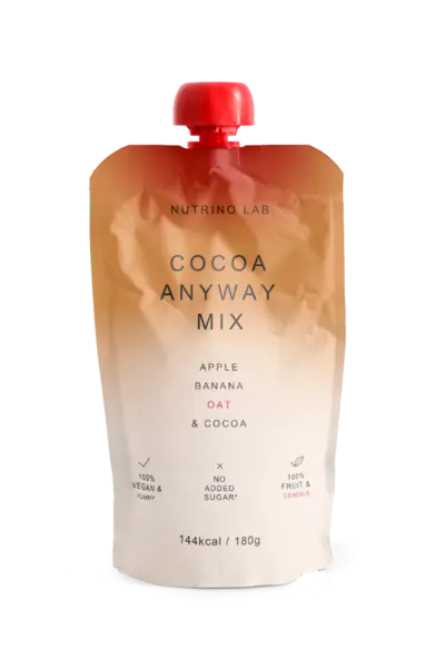 Piure pasteurizat din fructe cu mere si banane cu adaos de ovaz si pudra de cacao, 180g, Nutrino Lab