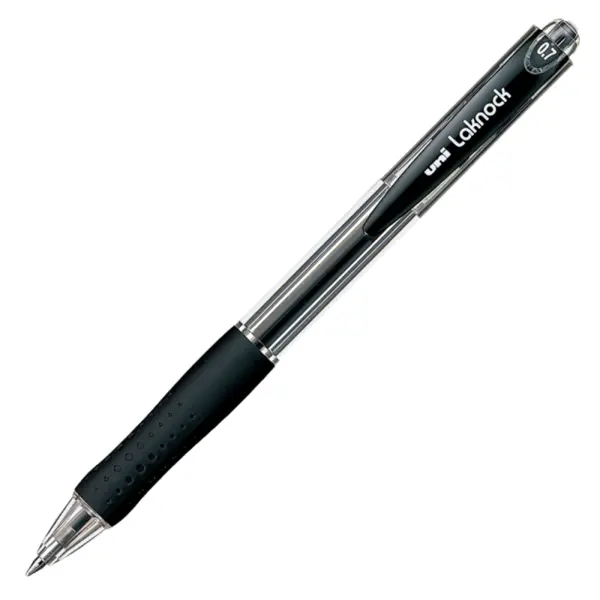 Pix cu bila Uni-ball Laknock SN-100, 0.7mm, cu mecanism, corp transparent, grip cauciucat in culoarea scrisului