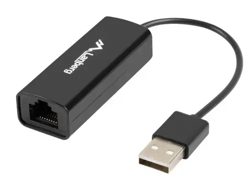 Placa de retea Lanberg NC-0100-01, USB 2.0 tata la RJ-45 mama, adaptor Ethernet, internet 10/100 Mb/s, cablu 10 cm (Negru)