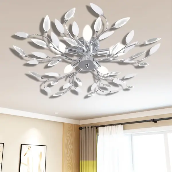 Plafoniera transparenta/alba brate frunze cristal acrilic 5 becuri e14