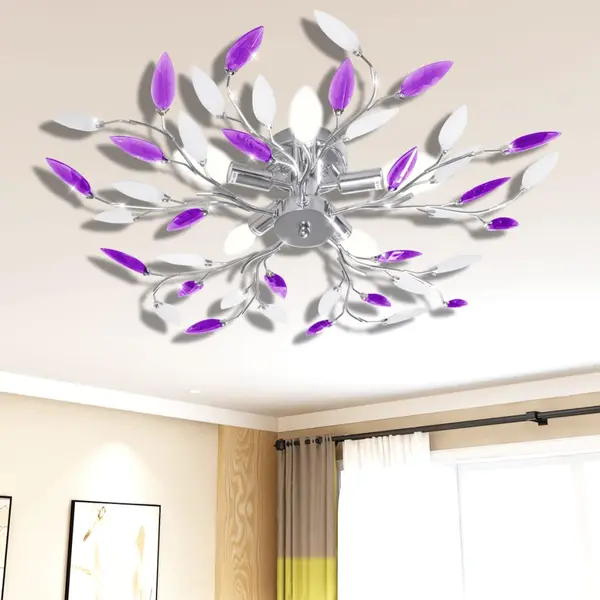 Plafoniera violet/alba brate frunze cristal acrilic 5 becuri e14
