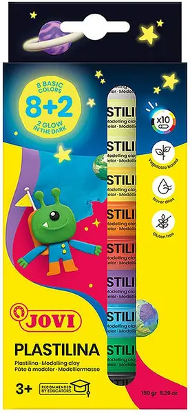 Plastilină Jovi - 8 culori x 15 g, 2 luminoase