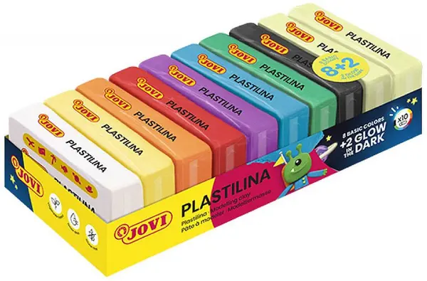 Plastilină Jovi - 8 culori x 50 g, cu 2 care luminează în întuneric
