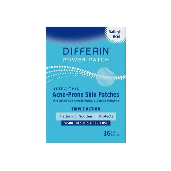 Plasturi Anti-Acnee, Differin, Power Patch, impotriva Cosurilor si Iritatiei Fetei, cu Acid Salicilic si Centella Asiatica, Ultra-Subtiri, 36 buc