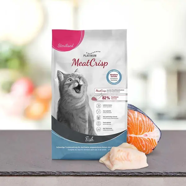 PLATINUM MeatCrisp Sterilised , Pește, hrană uscată pisici sterilizate, deshidratat, 3kg