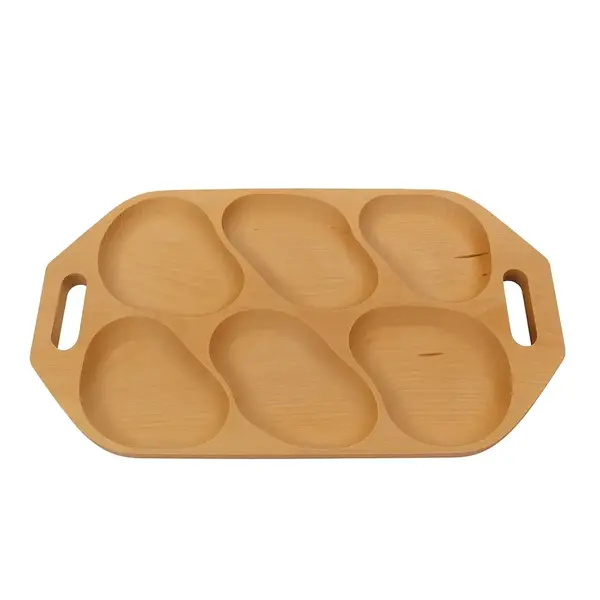 Platou din lemn pentru servire 6 compartimente, lemn de fag, 48x28 cm