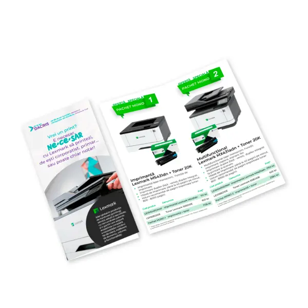 Pliant 2/3 A4 – tipar policromie față/verso, DCM 170 g/mp, 1 big Pliant 2/3 A4 – tipar policromie față/verso, DCM 170 g/mp, 1 big