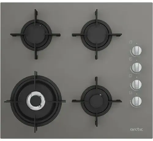 Plita incorporabila Arctic ARSGW64120SMG, Gaz, 4 Arzatoare, Aprindere electrica, Siguranta, Arzator Wok, Sticla (Gri)