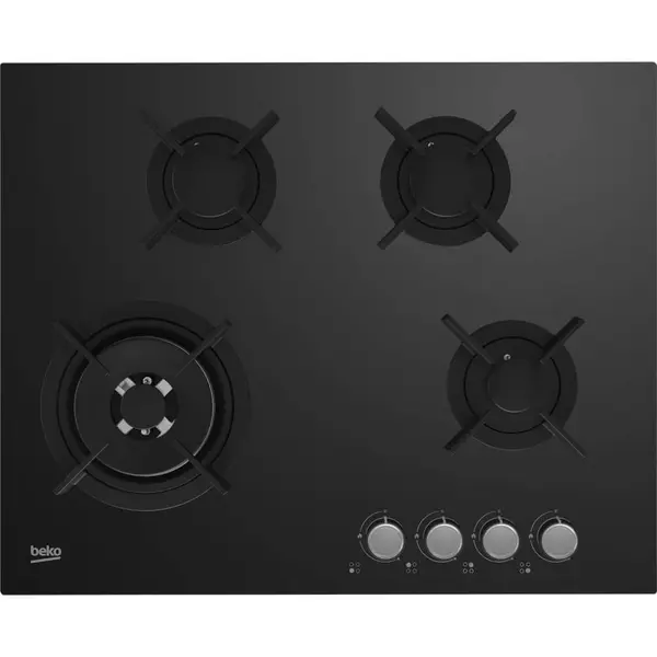 Plita incorporabila Beko HINW64229S, Gaz, 4 arzatoare, Aprindere integrata, Arzator Wok, Gratar din fonta, Siguranta flacara, Negru