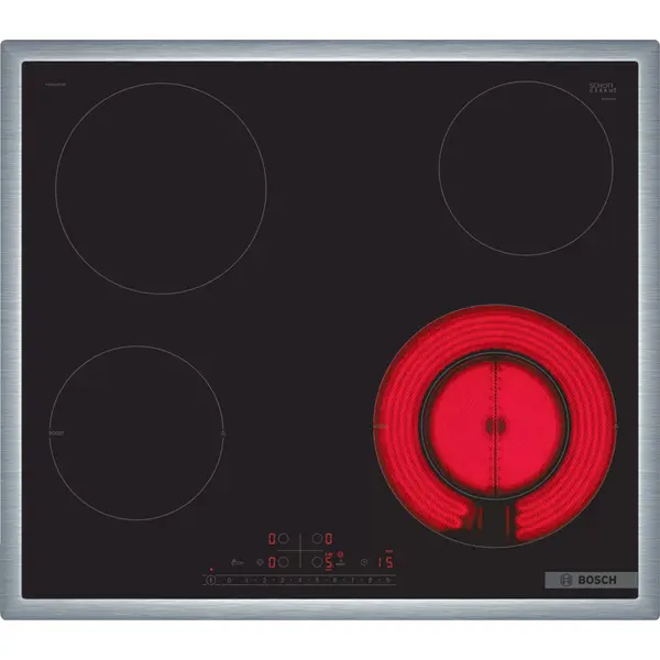 Plita incorporabila Bosch PKF645FP3E, Electrica, 4 zone de gatit, 17 trepte putere, DirectSelect, PowerBoost, QuickStart, ReStart, Control digital, Semnal sonor, 60 cm, I-DOS, Touch control, Iron Assist, Home Connect