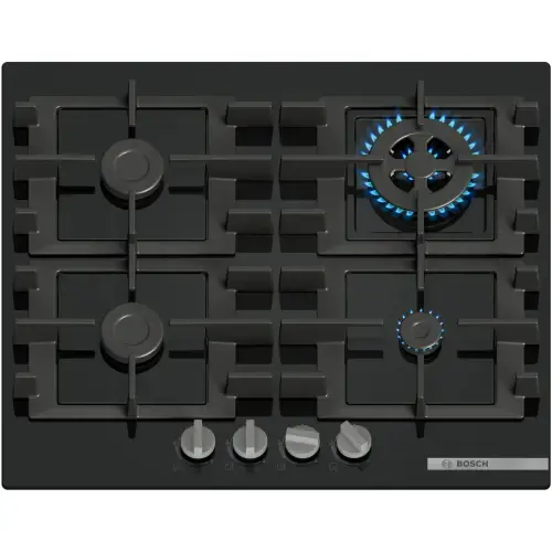 Plita incorporabila Bosch PNH6B6K40, Gaz, 4 arzatoare, Gratar fonta, Arazator Wok, 60 cm, Sticla (Negru)