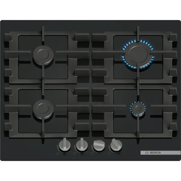 Plita incorporabila Bosch PNP6B6K40, Gaz, 4 arzatoare, Oprire de siguranta, Suprafata Quartz, Gratar Fonta, Negru