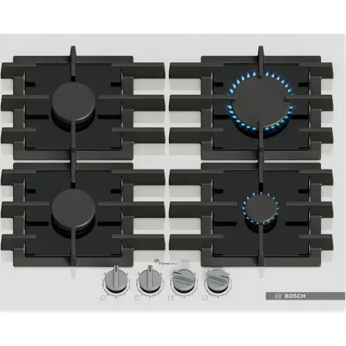 Plita incorporabila Bosch PPP6A2I40, Gaz, 4 arzatoare, Flame select, Gratar fonta, 60 cm, Sticla (Alb)