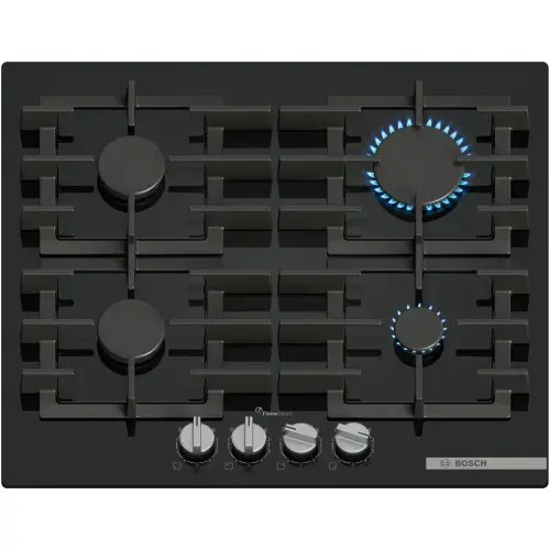 Plita incorporabila Bosch PPP6A6I40, Gaz, 4 arzatoare, Flame select, Gratar fonta, 60 cm, Sticla (Negru)