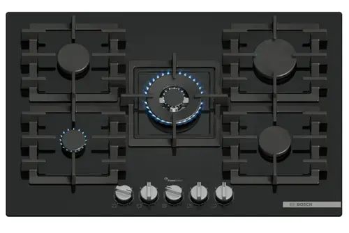 Plita incorporabila Bosch PPQ7A6I40, Gaz, 5 arzatoare, Flame select, Arzator Wok, Gratar fonta, 75 cm (Sticla neagra)