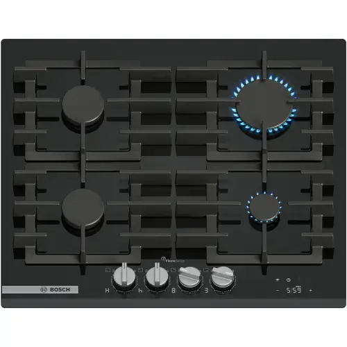 Plita incorporabila Bosch PRP6A6H40, 4 arzatoare, Flame select, Gratar fonta, Touch control & mecanic, Smart Hood Automatic, Home Connect, 60 cm, Sticla (Negru)