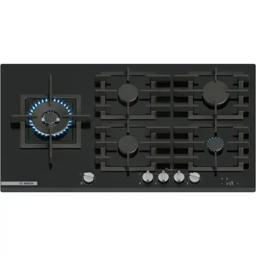 Plita incorporabila Bosch PRS9A6H40, 5 arzatoare, Flame select, Arzator Wok, Touch control & mecanic, Gratar fonta, 90 cm, Sticla (Negru)