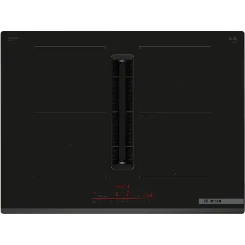 Plita incorporabila Bosch PVQ731H26E, Inductie, 4 zone de gatit, Multitouch+, CombiInduction, Hota integrata, Putere absorbtie 500mc/h, Home Connect, PerfectFry Plus , 70 cm (Negru)