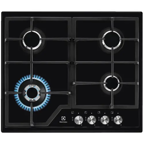 Plita incorporabila Electrolux EGS6436K, Gaz, 4 arzatoare, Wok, Aprindere electrica integrata, Gratare fonta, 60 cm (Negru)