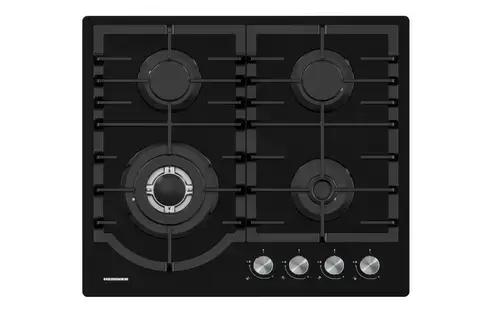 Plita incorporabila HEINNER HBH-M447IWFGBK, Gaz, 4 arzatoare, Wok, Aprindere electrica, Sticla (Negru)