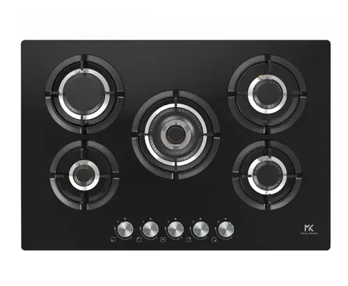 Plita incorporabila Master Kitchen MKHG 7541EDS-FTCBK, Gaz, 5 arzatoare, Gratare fonta, Arzator coroana tripla, Aprindere electica integrata, Sistem siguranta, 75 cm, Sticla (Negru)