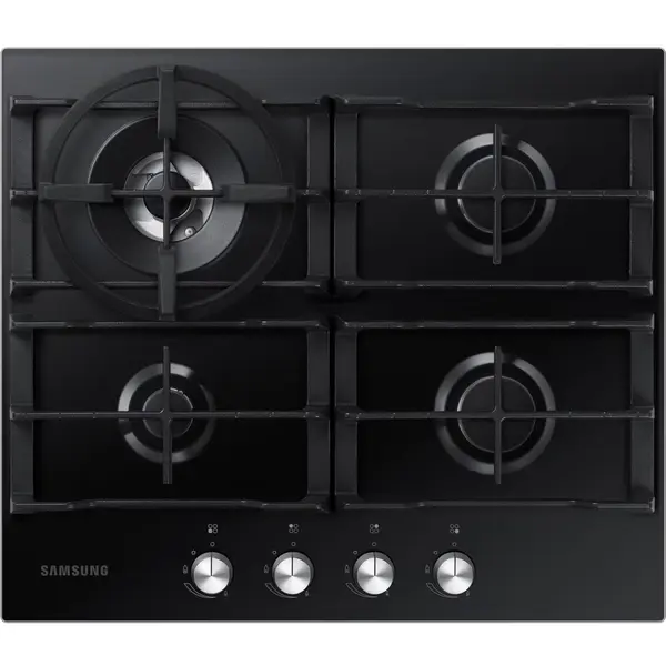Plita incorporabila Samsung NA64H3031AK/O1, Gaz, 4 zone, Suport Wok inclus, 8.8 kW, Sticla neagra securizata