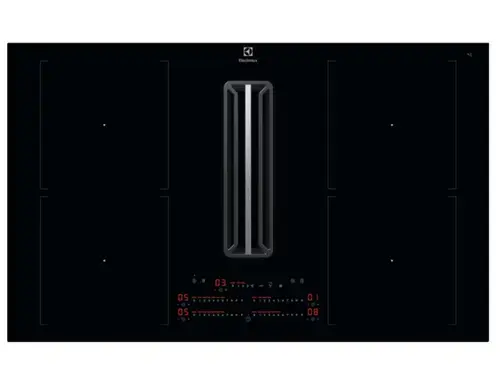 Plita inductie cu hota integrata Electrolux KCC84453CK, ComboHob FlexiBridge, Seria 600, 83 cm, Control touch prin culisare, Booster (4 zone), Functie punte, Motor inverter, 2 Filtre de carbon si aluminiu incluse, 630 mc/h (Negru)