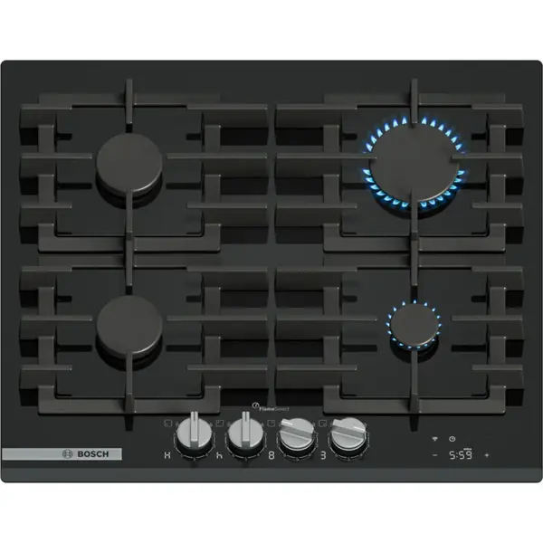 Plita pe gaz Bosch PRP6A6H40, 4 zone de gatit, FlameSelect, Butoane cu iluminare, Timer, Home Connect, Quartz Negru