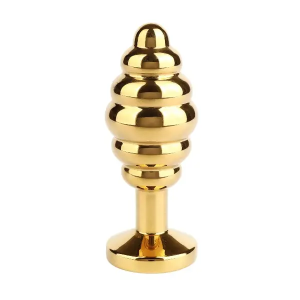 Plug anal MR. STEEL Twister Butt Plug Large, din oțel inoxidabil, cu striații și bază cu cristal, lungime 10 cm (mare), auriu