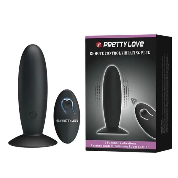 Plug anal Pretty Love - Remote Control Vibrating, din silicon cu 12 funcții de vibrație, cu ventuză, negru