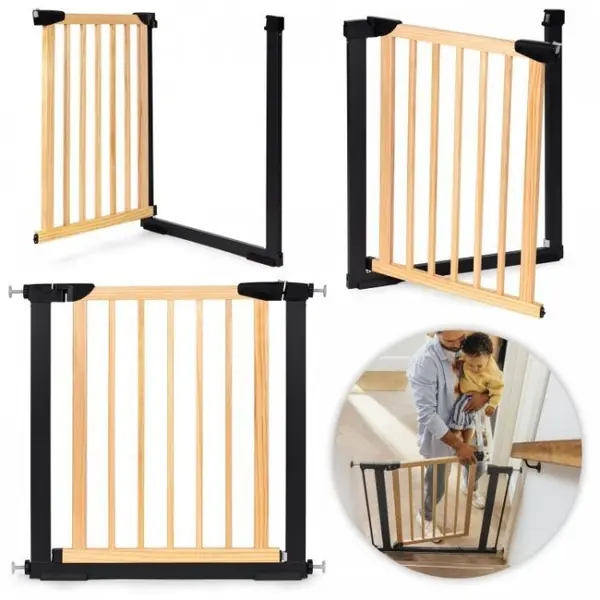 Poarta de siguranta 74-80 cm Ecotoys din lemn cu rama metalica