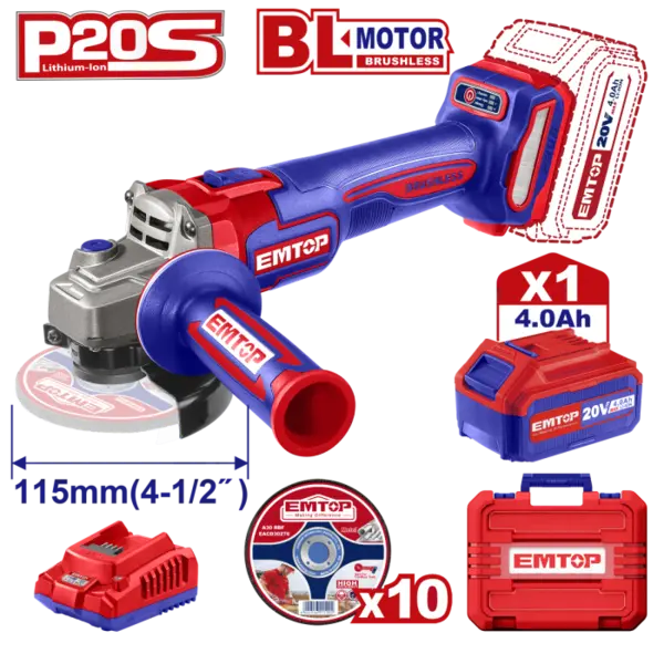 Polizor unghiular cu 1 acumulator 4.0Ah, motor fara perii (brushless), 115mm, 10 discuri incluse - ELAG211541, EMTOP